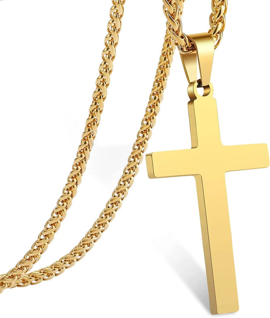 Gold Cross Necklaces for Men Boys Stainless Steel Cross Pendant Chain Catholic Religious Christian Birthday First Communion Easter Basket Stuffers Jewelry Gifts Teen Adults Male Kids Age Ideas