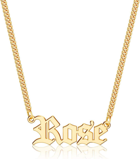Gold Custom Name Necklace Personalized, Rose 14K Gold Plated Personalized Name Necklace Gold Customized Necklace Jewelry Name Plate Necklace Personalized Gifts for Women Gothic Font Style