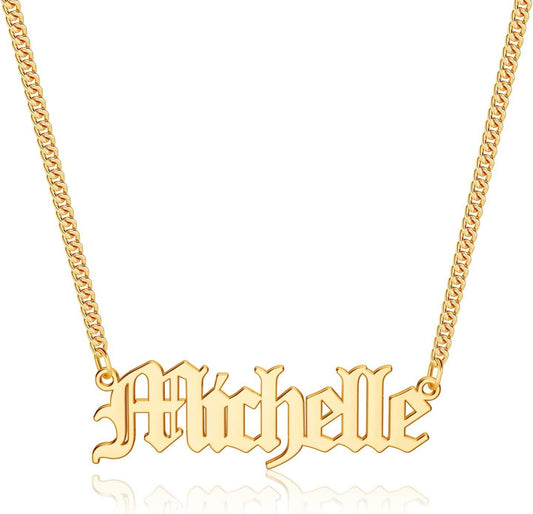 Gold Custom Name Necklace Personalized, Michelle 14K Gold Plated Personalized Name Necklace Gold Customized Necklace Jewelry Name Plate Necklace Personalized Gifts for Women Gothic Font Style